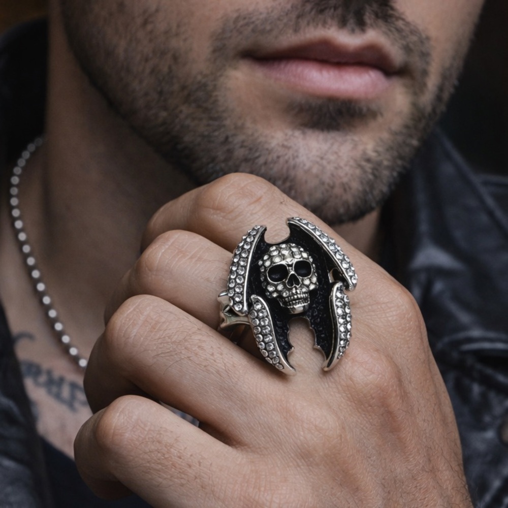Size 11 Skull Bat Wing Rhinestone Ring Silver Tone Goth Statement NWOT